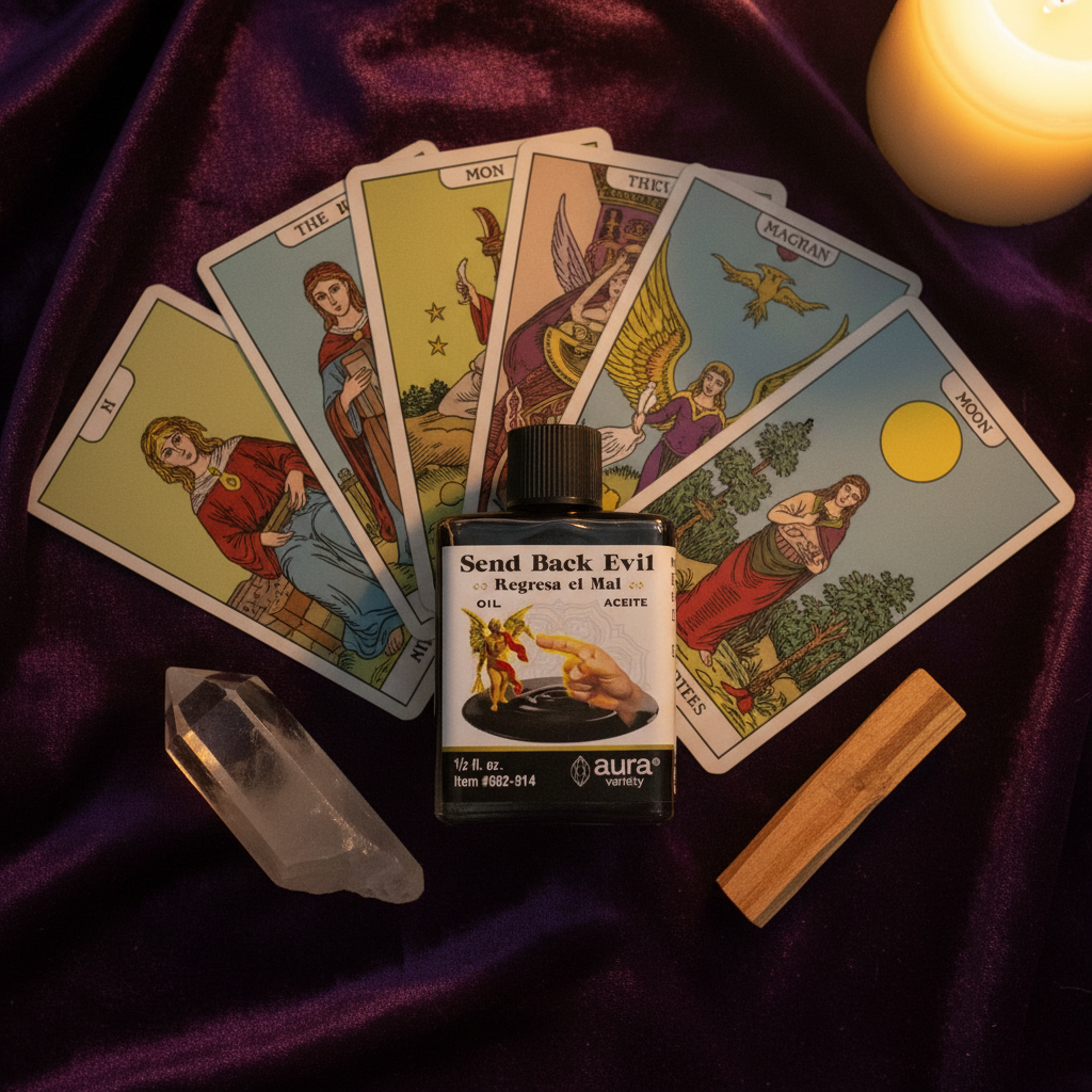 Send Back Evil Oil 4 dram bottle nestled among tarot cards on dark velvet cloth with a quartz crystal point and unlit palo santo stick in warm candlelight