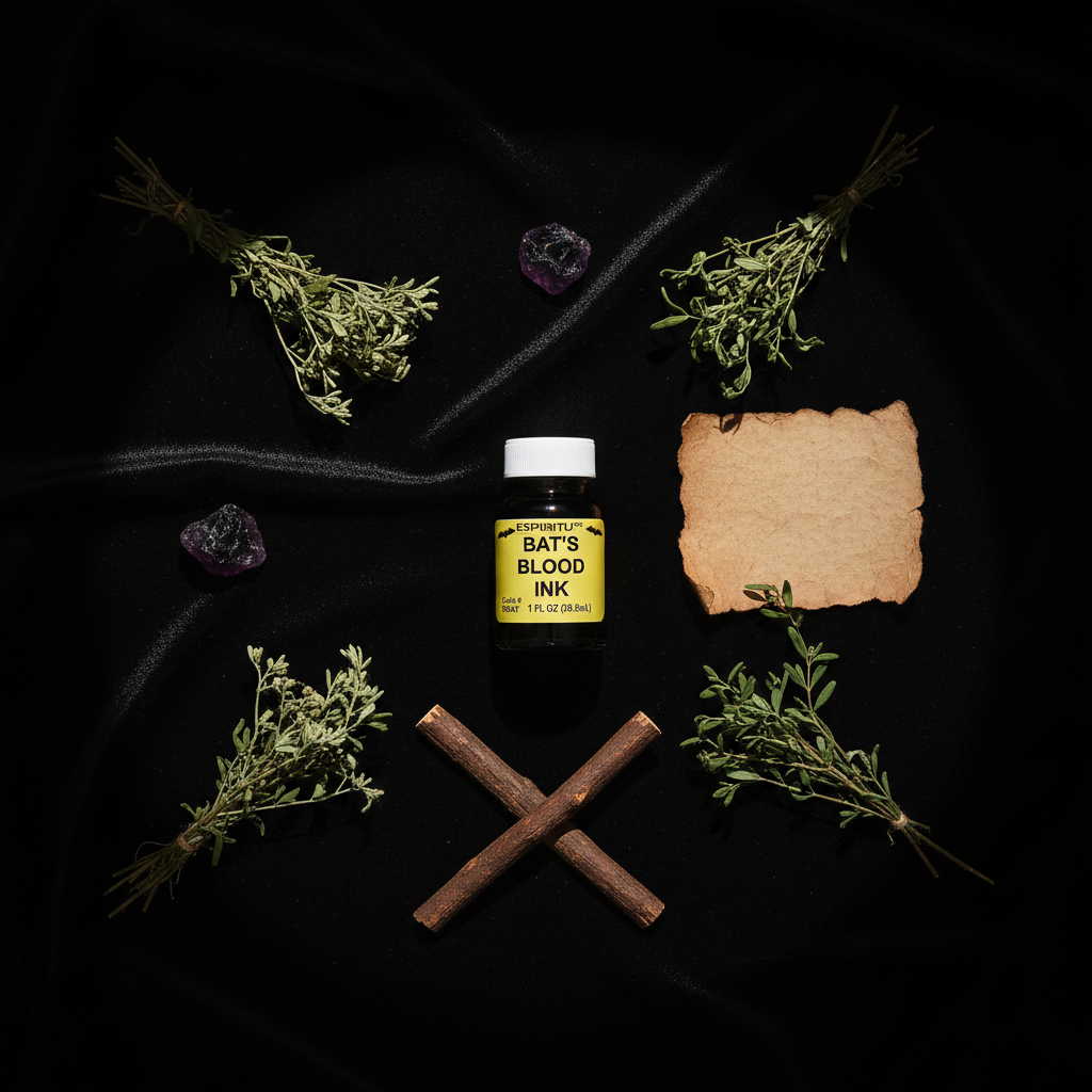 Bat's Blood Ink by Espiritu 1 oz bottle flat lay with herbs, parchment, and crystals