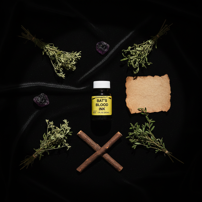 Bat's Blood Ink by Espiritu 1 oz bottle flat lay with herbs, parchment, and crystals