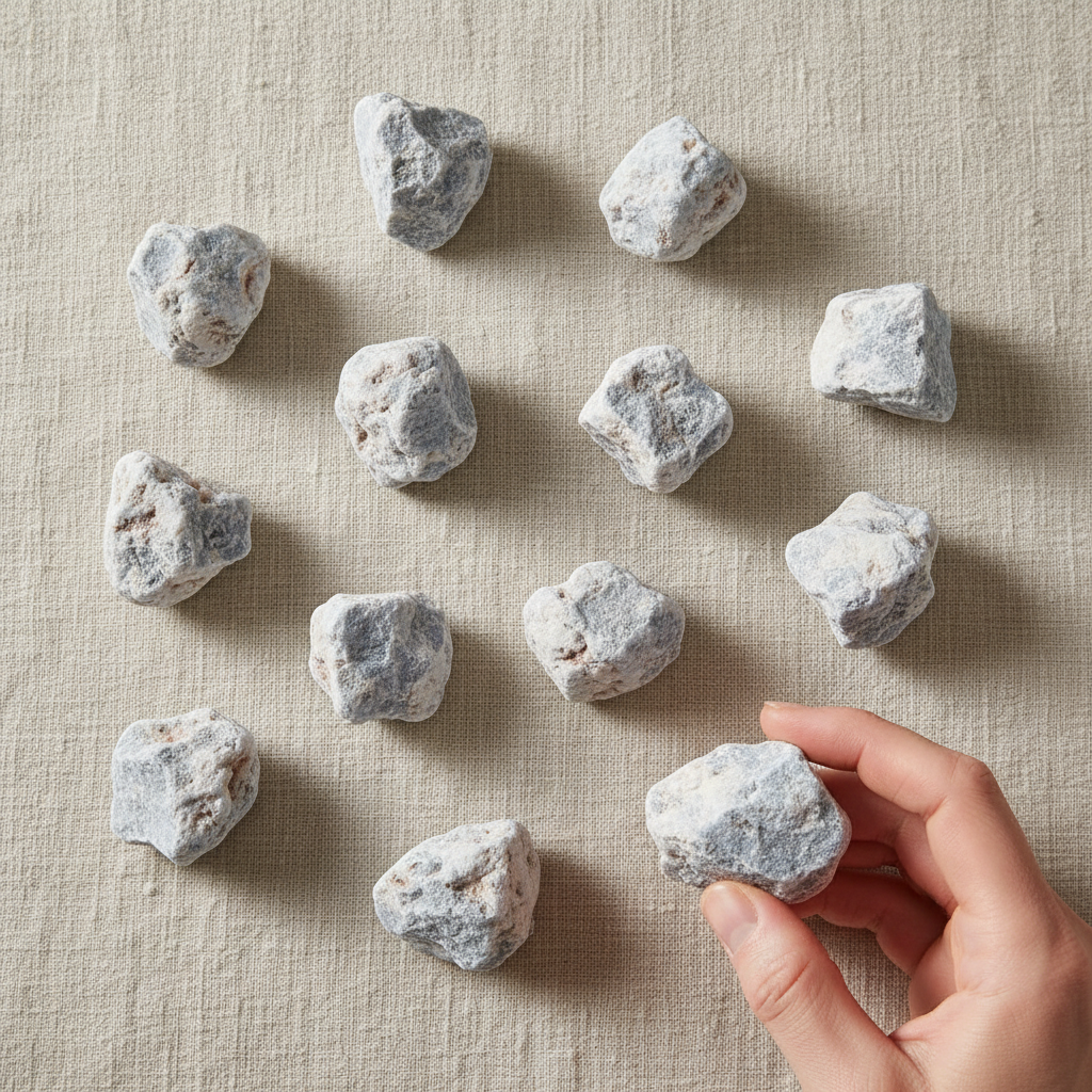 Angelite untumbled stones flat lay on linen with hand holding one stone for scale