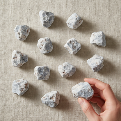 Angelite untumbled stones flat lay on linen with hand holding one stone for scale