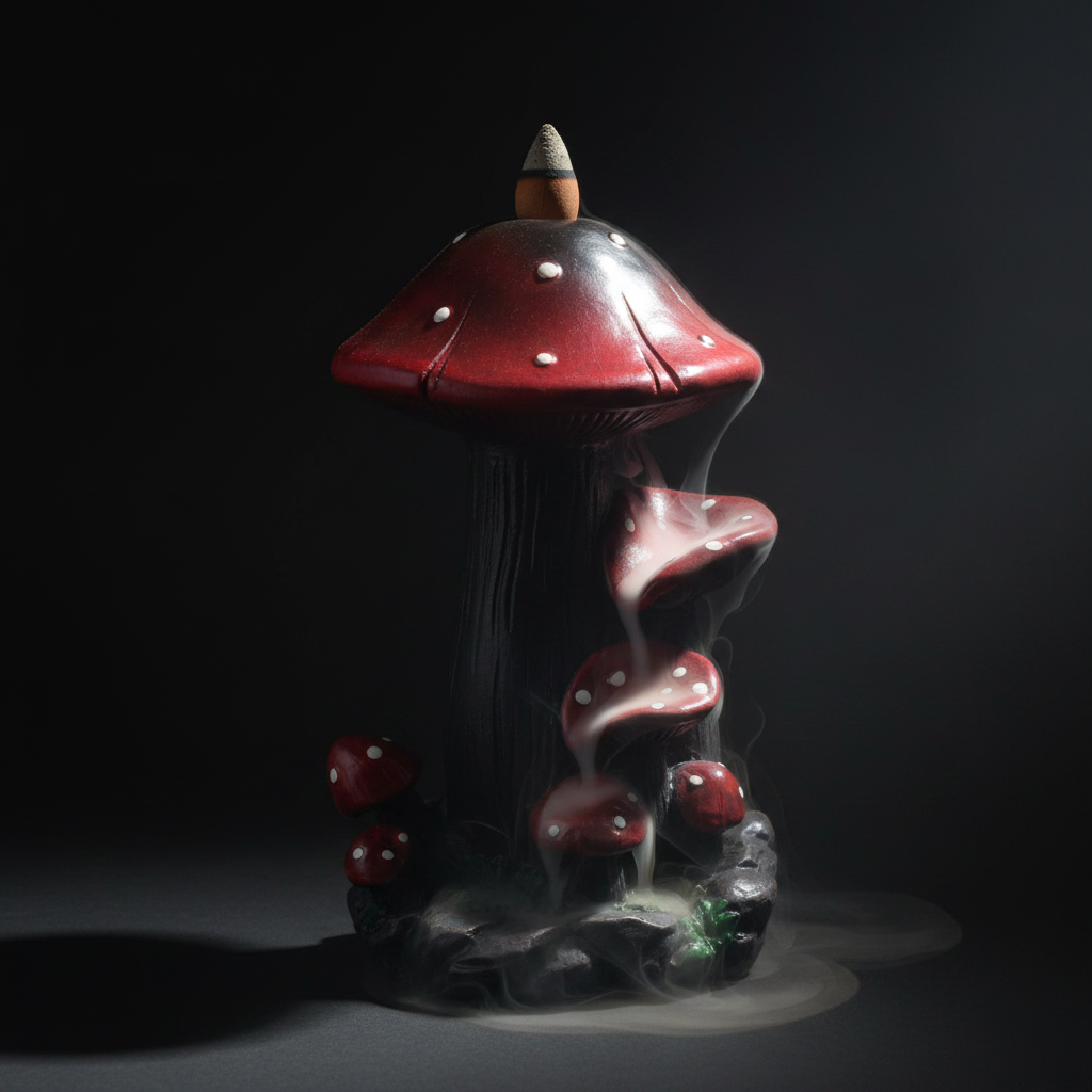 Side profile of 7-inch mushroom backflow burner with dramatic smoke waterfall cascade on dark background