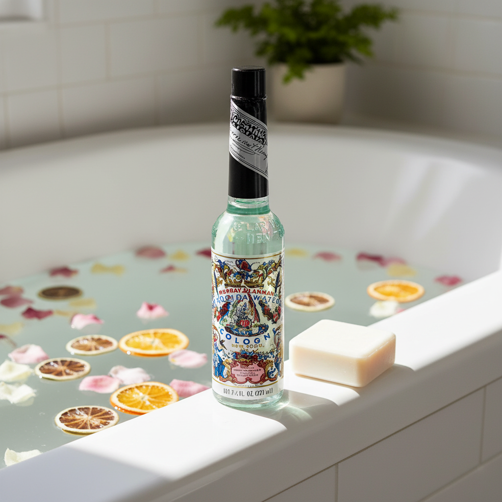 Florida Water Cologne 7.5 oz by Murray & Lanman beside a white ceramic bathtub with citrus slices and flower petals