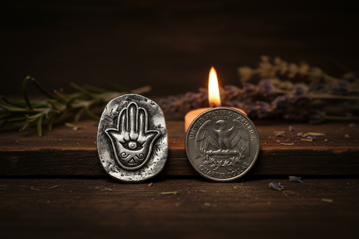 Hamsa pewter pocket stone beside a US quarter for scale on a wooden surface with candlelight
