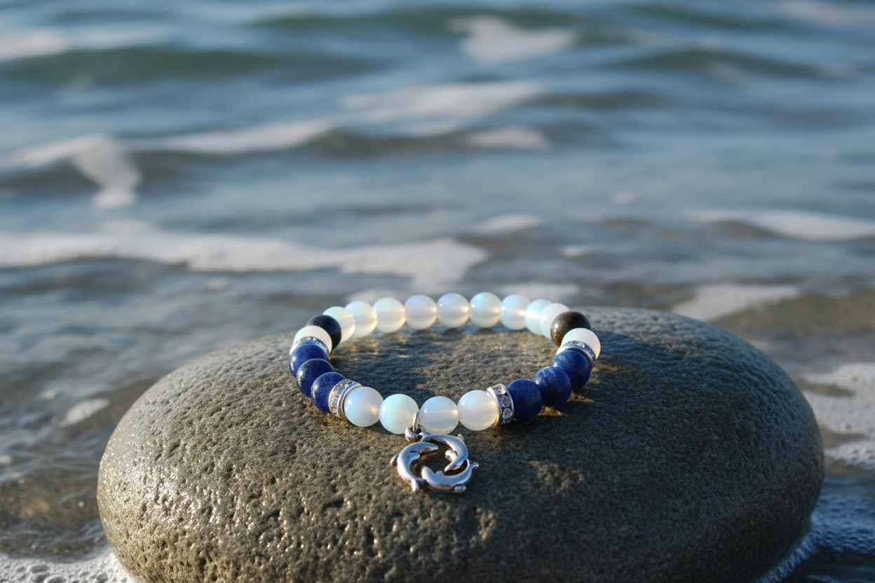 Opalite Kyanite Bracelet with Dolphins, 8mm