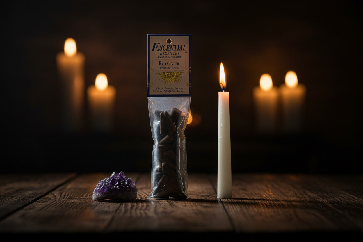 Red Ginger Incense Cones by Escential Essences on a dark wood altar beside a taper candle and amethyst crystal cluster