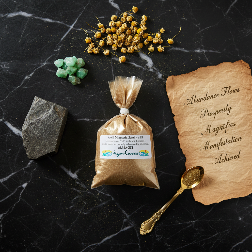Gold Magnetic Sand 1 lb bag overhead flat lay on black marble with lodestone, dried chamomile, green aventurine, parchment, and gold spoon