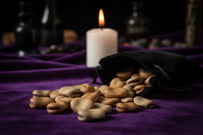 Dried fava beans on purple velveteen beside an open mojo bag with a white taper candle burning softly in the background
