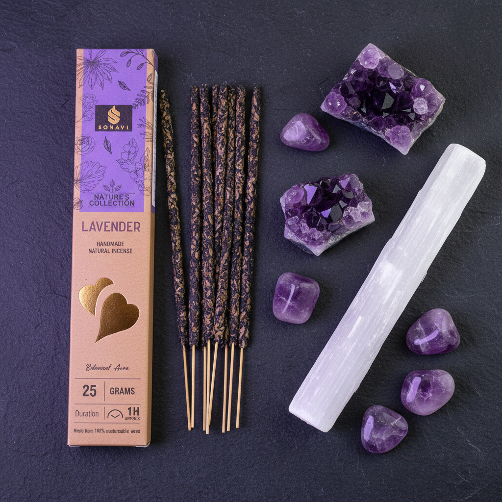 Lavender incense sticks packaging with amethyst and selenite crystals on dark stone surface