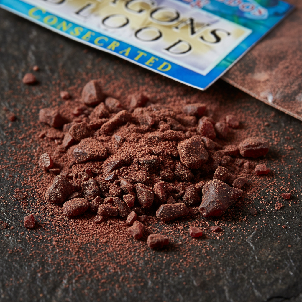 Macro close-up of Dragon's Blood Resin chunks and matte red-brown powder on dark stone surface