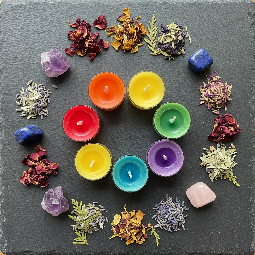 Overhead flat lay of Chakra Votive Candle Set of 7 in a circle with chakra crystals and flower petals