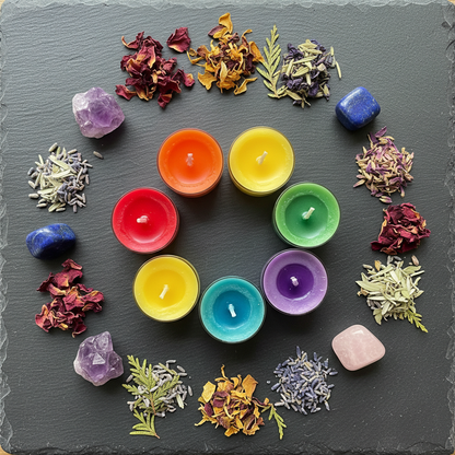 Overhead flat lay of Chakra Votive Candle Set of 7 in a circle with chakra crystals and flower petals
