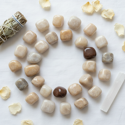 Moonstone tumbled stones flat lay with sage bundle, selenite wand, and rose petals