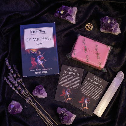 St. Michael Protection Soap flat lay with amethyst crystals, lavender and selenite on dark velvet