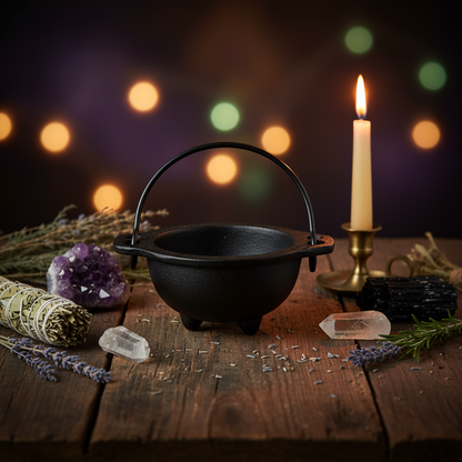 Cast iron cauldron with swing handle on a dark altar with herbs, crystals, and candlelight