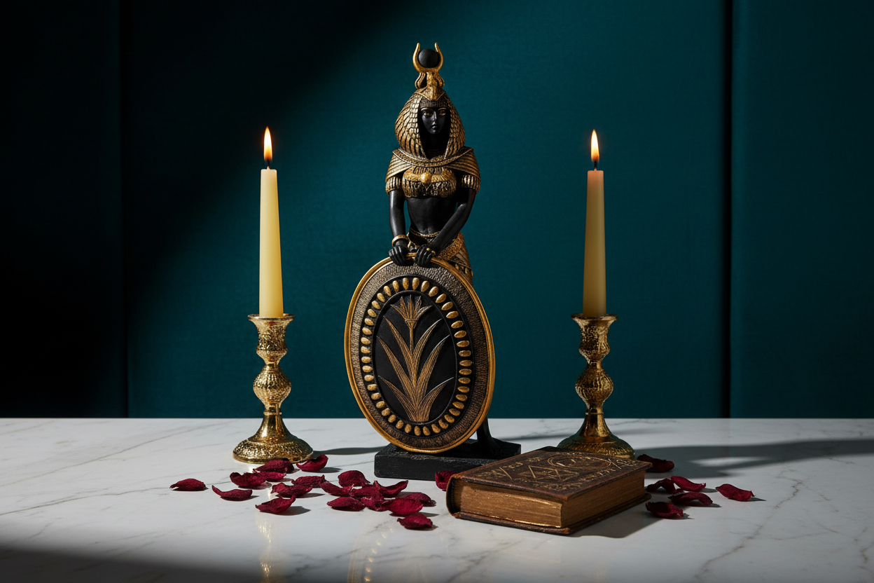 13-inch Black and Gold Shielded Isis Statue on marble surface with taper candles and rose petals