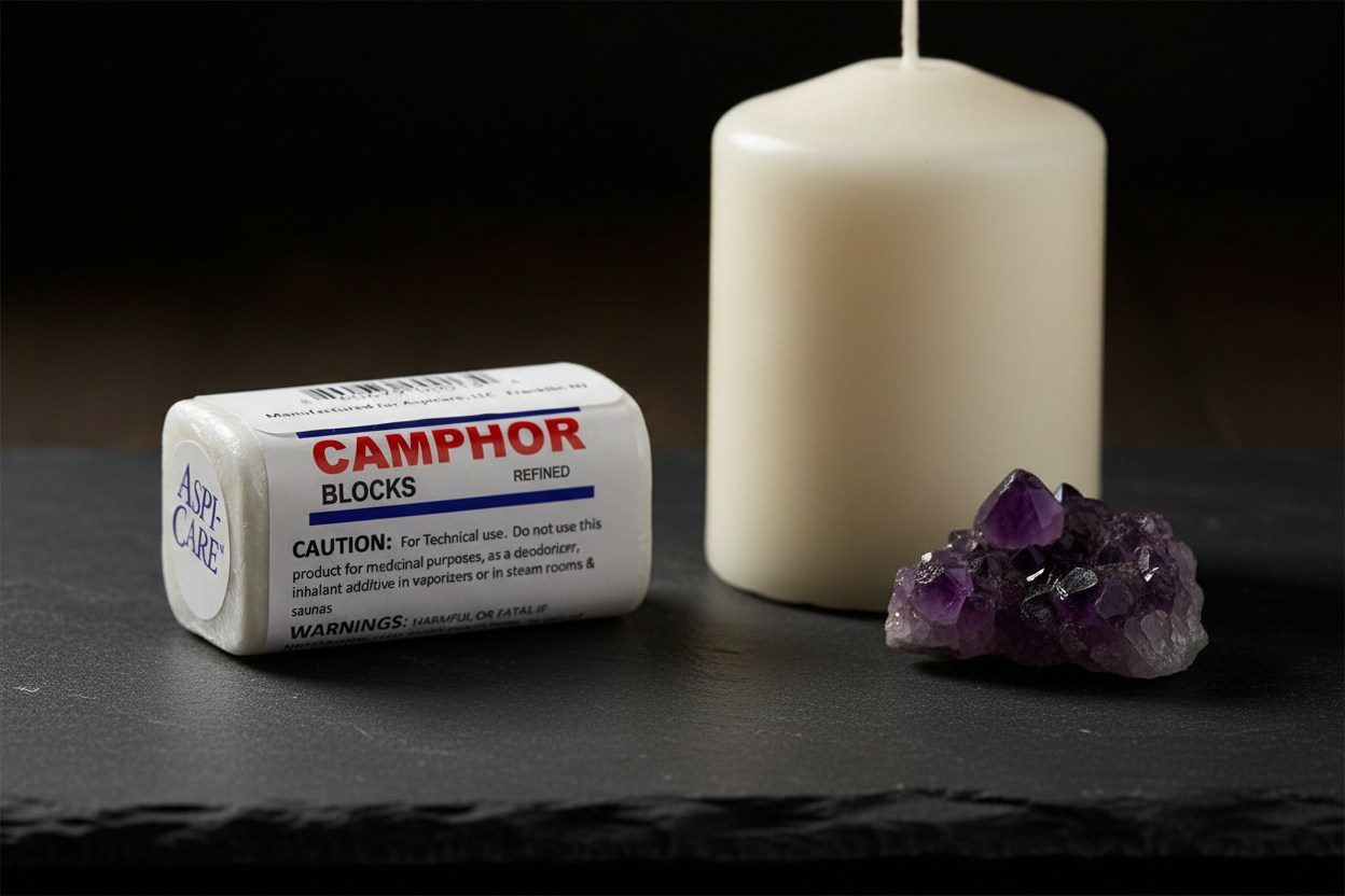 Camphor Block 25 grams on dark slate surface with candle and amethyst crystal, dark luxe lifestyle photography