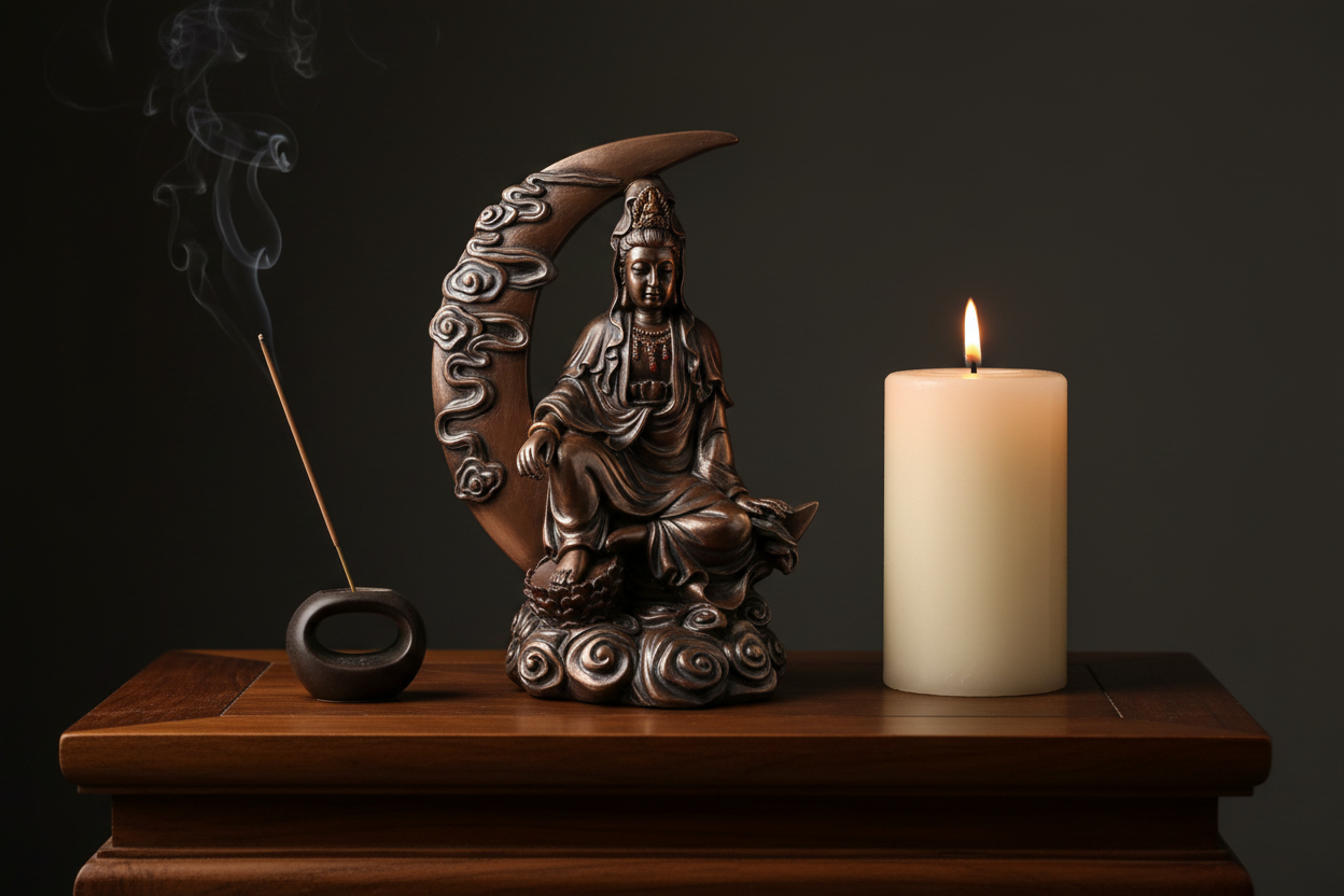 Kuan Yin Statue 8.25 inches on dark altar table with pillar candle and incense