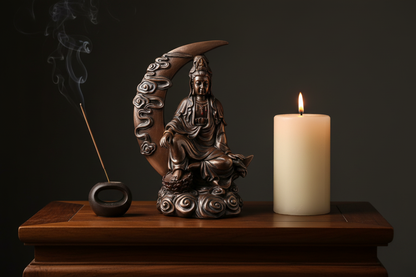 Kuan Yin Statue 8.25 inches on dark altar table with pillar candle and incense