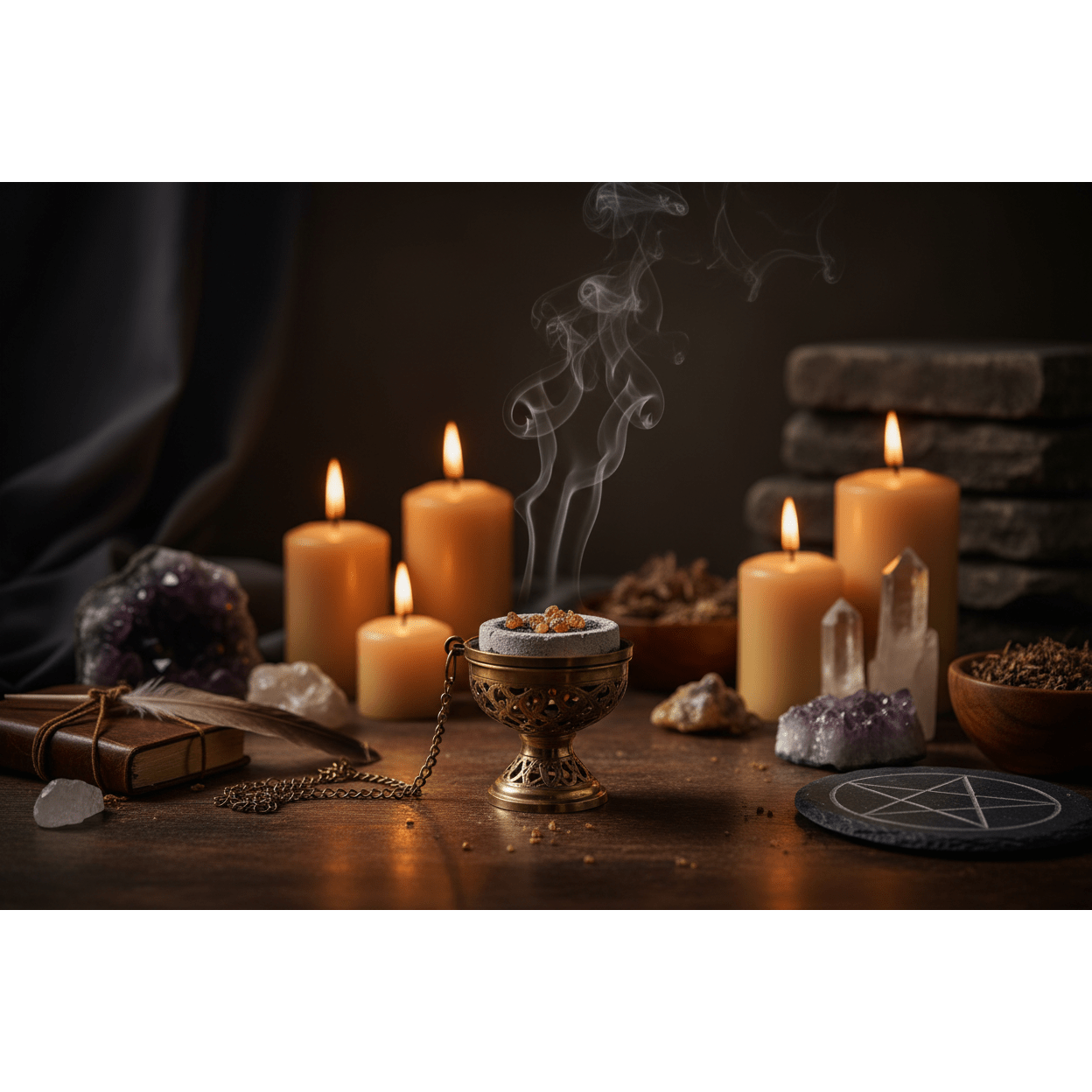 Myrrh granular incense burning on a lit charcoal tablet in an ornate brass censer, surrounded by candles and crystals in a moody ritual setting