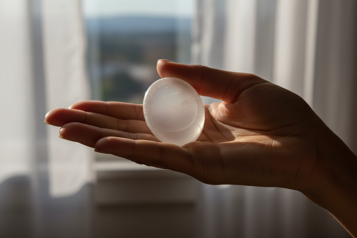 Mixed-race woman's hand holding a 1.5 inch polished selenite worry stone, thumb resting in the groove, moonlit windowsill background