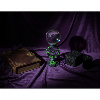 Clear crystal gazing ball on pentagram stand with grimoire, tarot deck, and black pillar candle on dark velvet