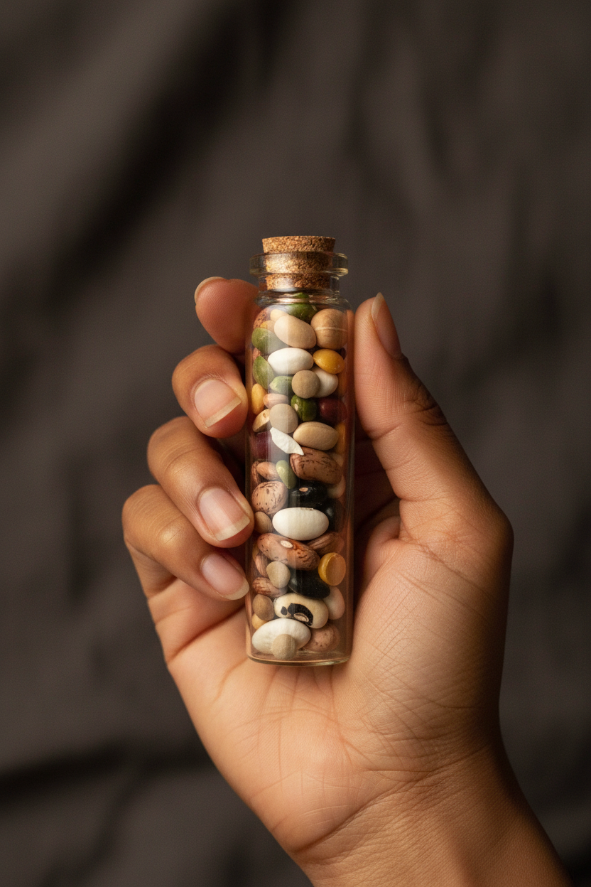 Traditional Mojo Wishing Beans glass tube held in the palm of a hand showing 3.5 inch scale
