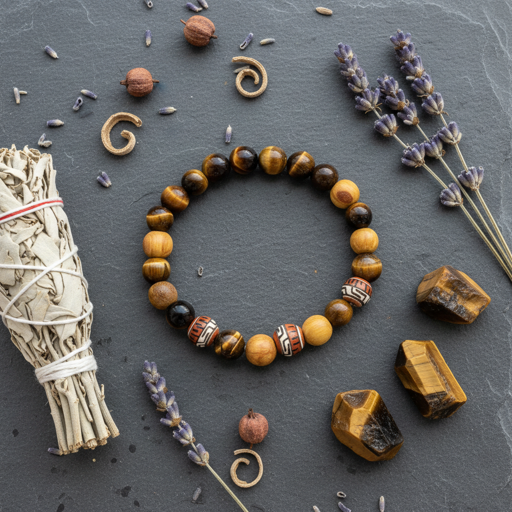 Palo Santo Tiger Eye Bracelet flat lay on dark slate with dried botanicals and raw Tiger Eye crystals
