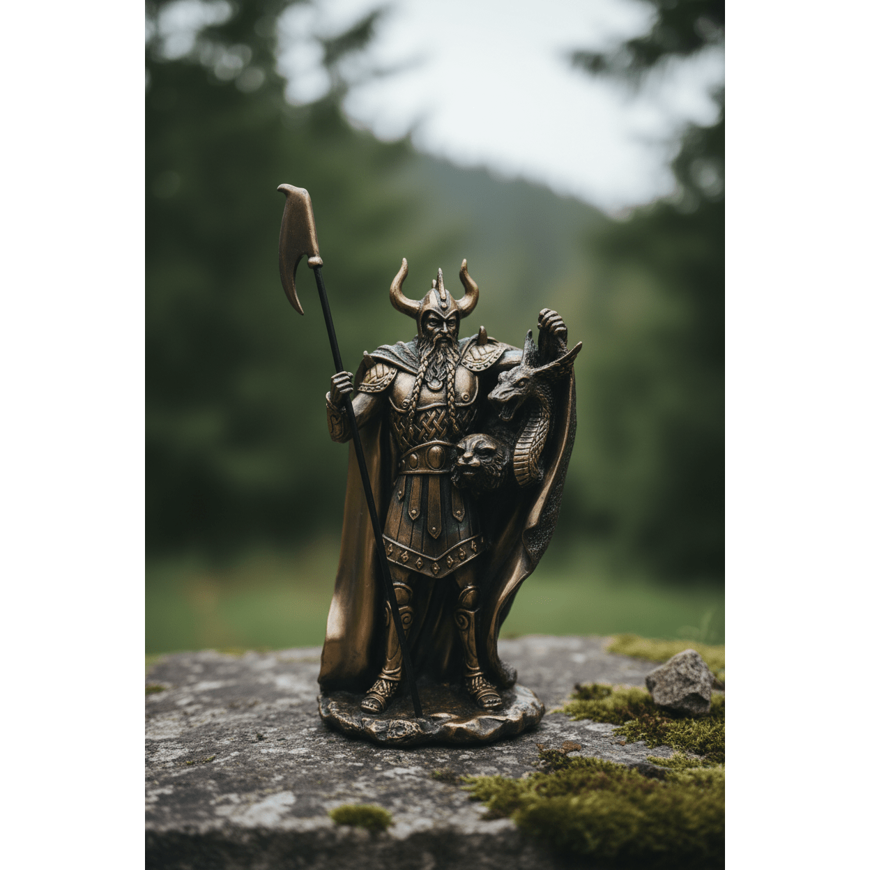 Loki 10 inch statue on a mossy stone surface outdoors with forest background