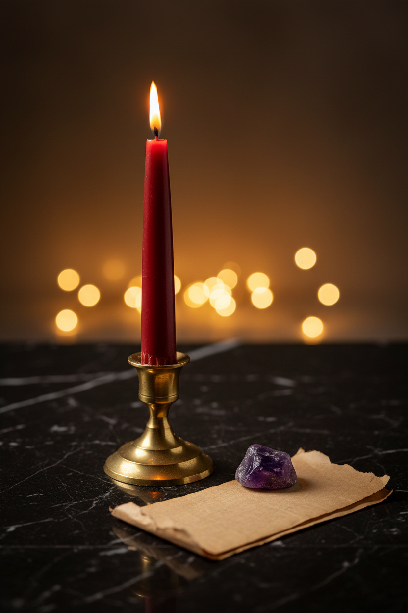 Get What You Want ritual candle - brick red 7-inch taper candle in brass candlestick on dark marble with amethyst crystal