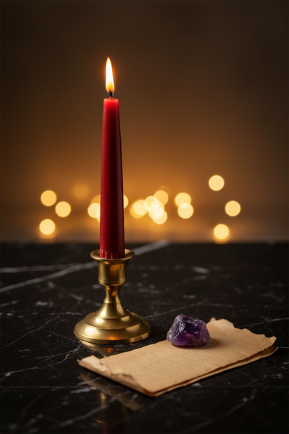 Get What You Want ritual candle - brick red 7-inch taper candle in brass candlestick on dark marble with amethyst crystal