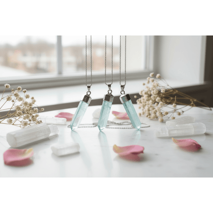 Aqua Aura Quartz Pendants on white marble with selenite crystals and rose petals
