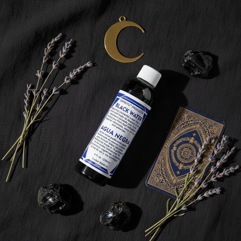Black Water 8 oz bottle flat lay overhead on dark linen with crescent moon charm, dried lavender, obsidian stones, and tarot card