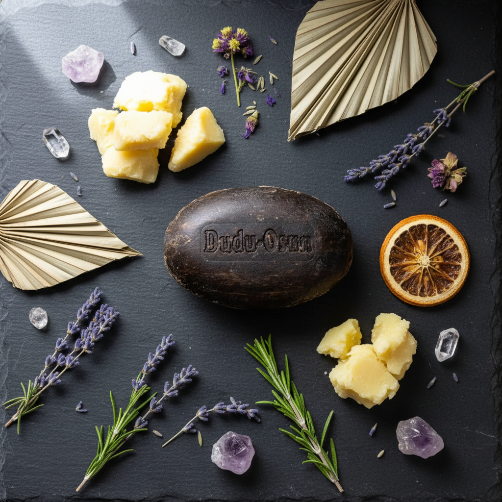 Dudu-Osun African Black Soap bar flat lay on dark slate with botanicals, shea butter, and crystals