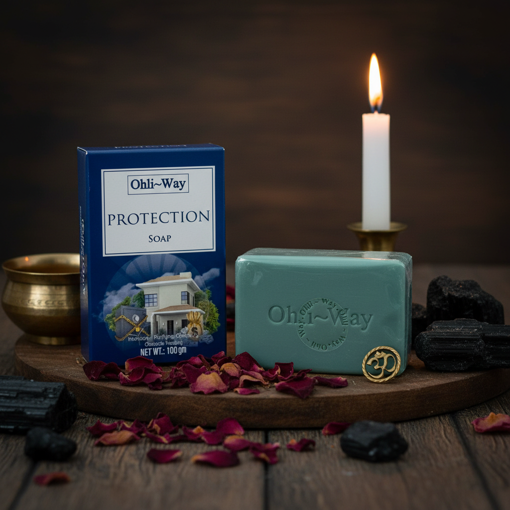 Ohli-Way Protection Soap box standing upright beside teal bar and gold Om charm on dark wooden altar surface with brass bowl, dried rose petals, black crystals, and lit taper candle