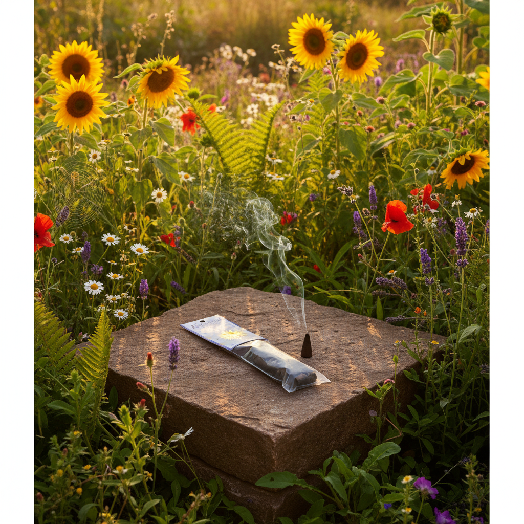 Summer Solstice incense cones package displayed outdoors on a sun-drenched stone surface surrounded by wildflowers and sunflowers