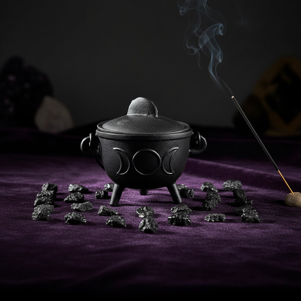 Triple Moon Cast Iron Cauldron with Lid centered on a dark purple velvet altar cloth with black tourmaline crystal grid and burning incense