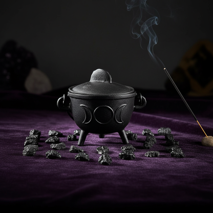 Triple Moon Cast Iron Cauldron with Lid centered on a dark purple velvet altar cloth with black tourmaline crystal grid and burning incense