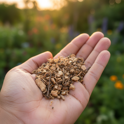 Sarsaparilla Root Cut 2oz held in an open palm outdoors in golden hour light with a blurred garden background