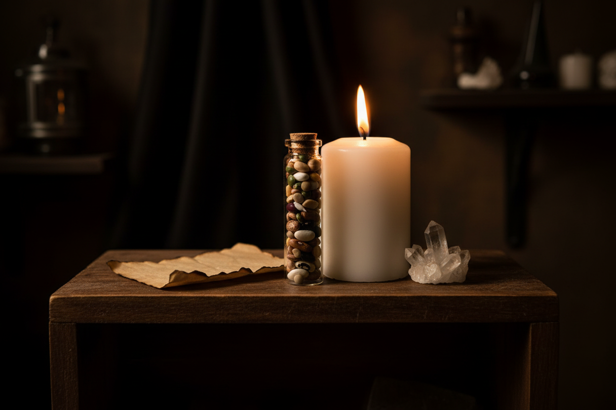 Traditional Mojo Wishing Beans glass tube on wooden altar shelf with white pillar candle and crystal cluster