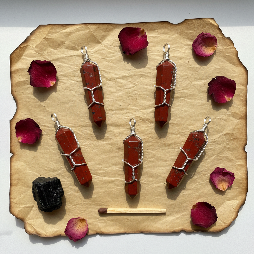 Red Jasper Wire Wrapped Point Crystal Pendant, Set of 5