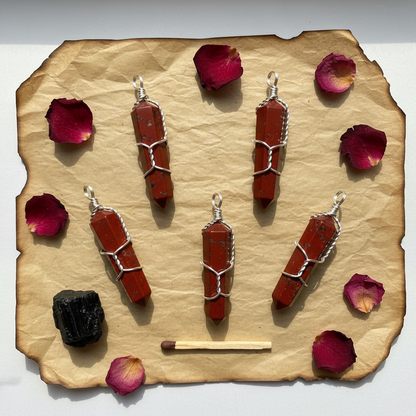 Red Jasper Wire Wrapped Point Crystal Pendant, Set of 5