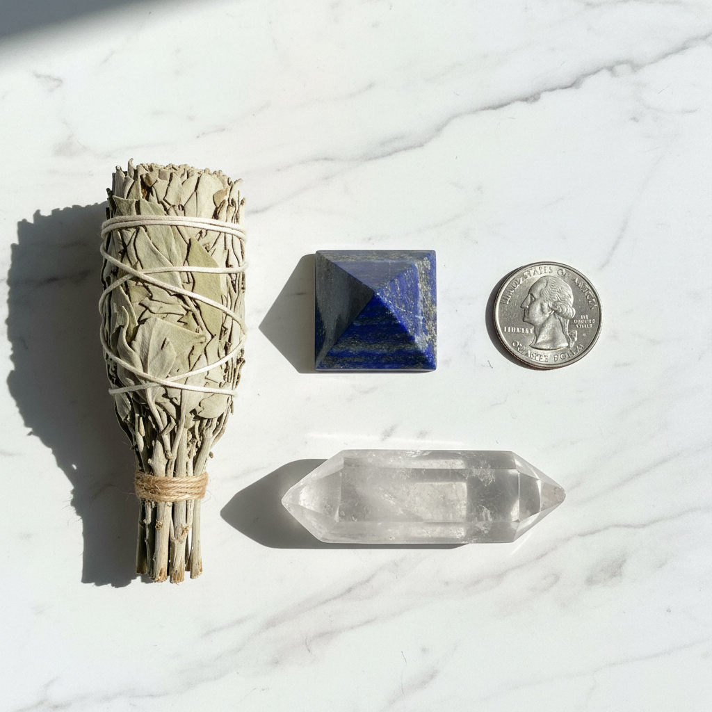 Lapis lazuli crystal pyramid, 1 inch wide, flat lay on white marble with sage and quartz