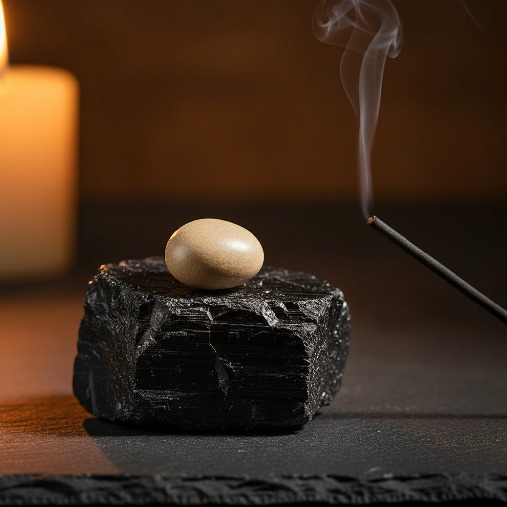 Mato Gris seed resting on black tourmaline with candlelight
