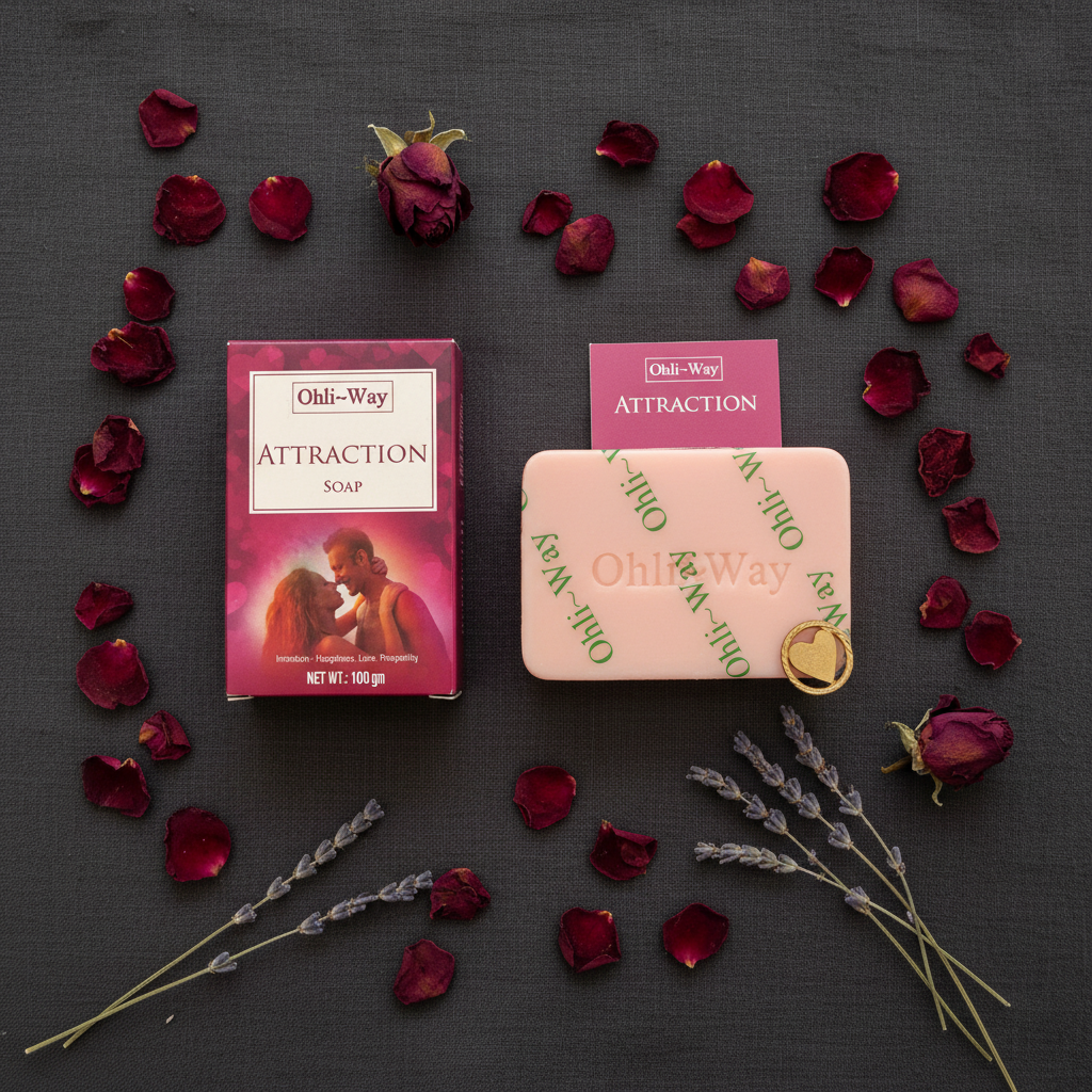 Ohli-Way Attraction Soap flat lay with pink bar, burgundy box, gold heart charm and prayer card on dark linen with dried rose petals and lavender