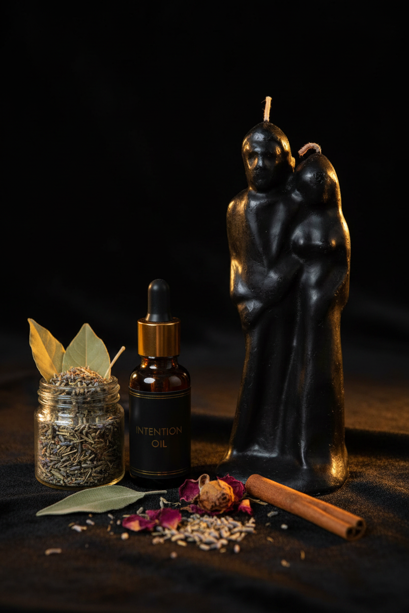 6" Marriage Black Candle on dark velvet with herbal blend jar and intention oil dropper bottle, gold accent lighting