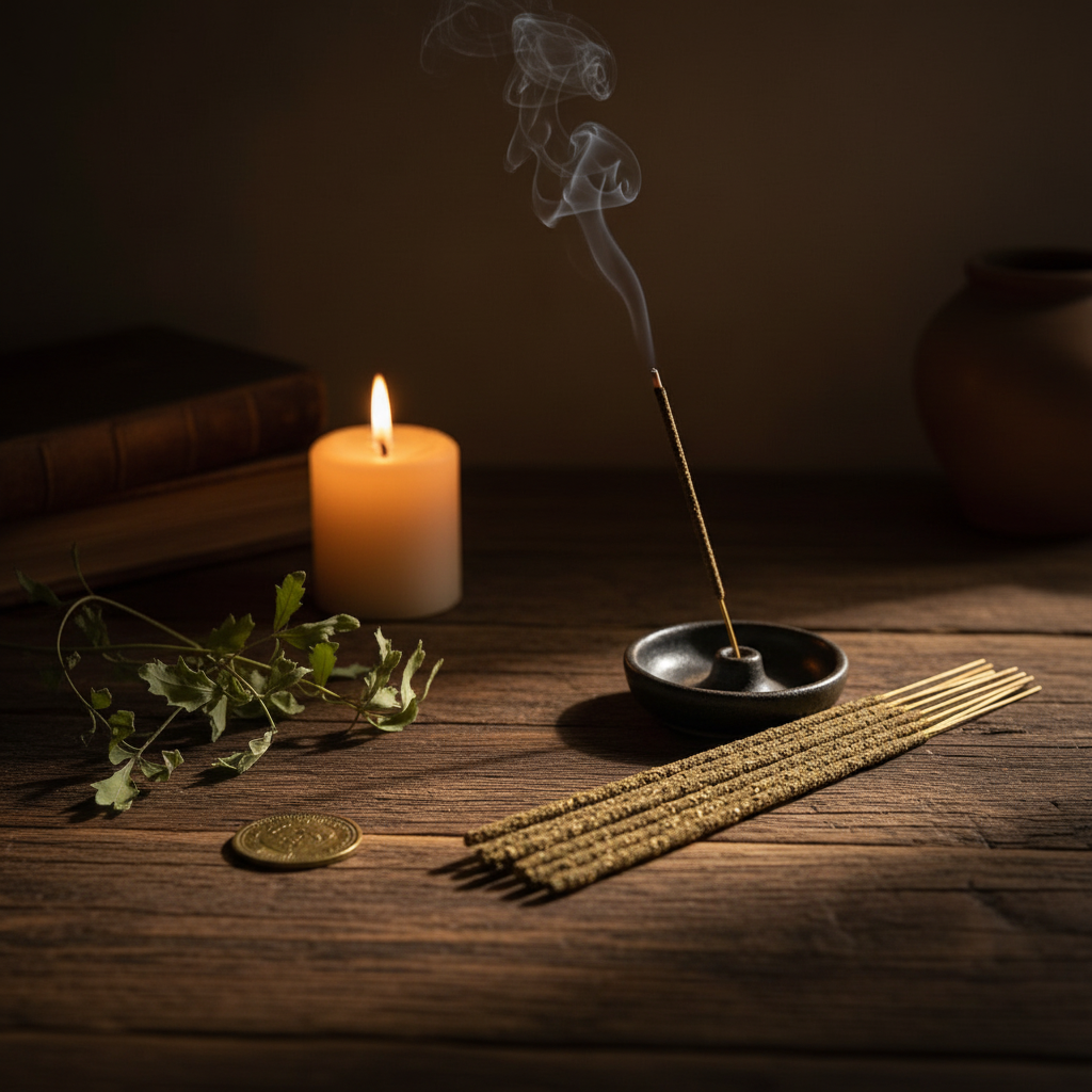 Rue leaf incense sticks bundled against a ceramic holder on a wooden altar with dried rue sprigs