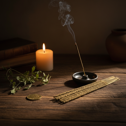 Rue leaf incense sticks bundled against a ceramic holder on a wooden altar with dried rue sprigs