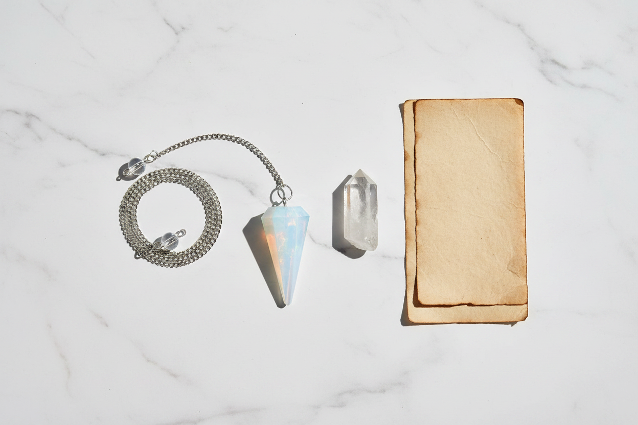 6-sided opalite pendulum on white marble with clear quartz point and parchment