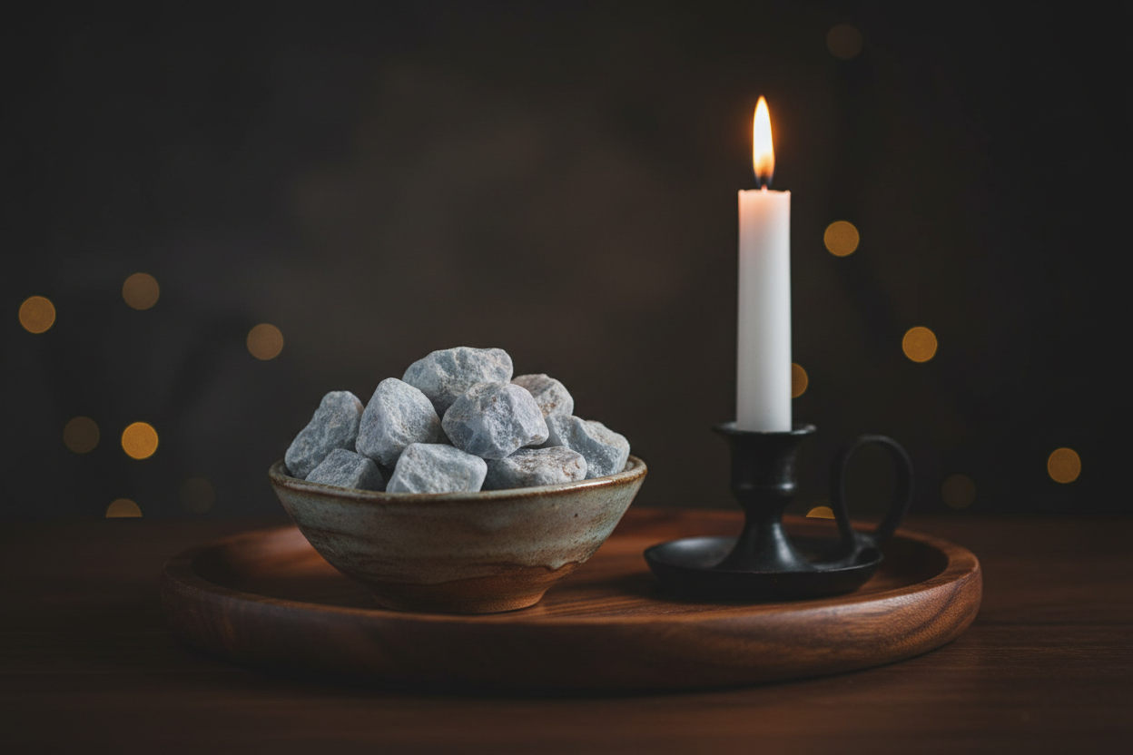 Angelite untumbled stones in ceramic bowl on wooden meditation tray with taper candle